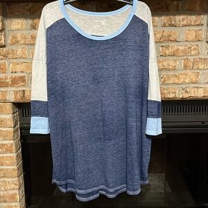 Terra & Sky 1X Blue Scoop Neck Stretch 3/4 Sleeve Plus Top Baseball Raglan Shirt